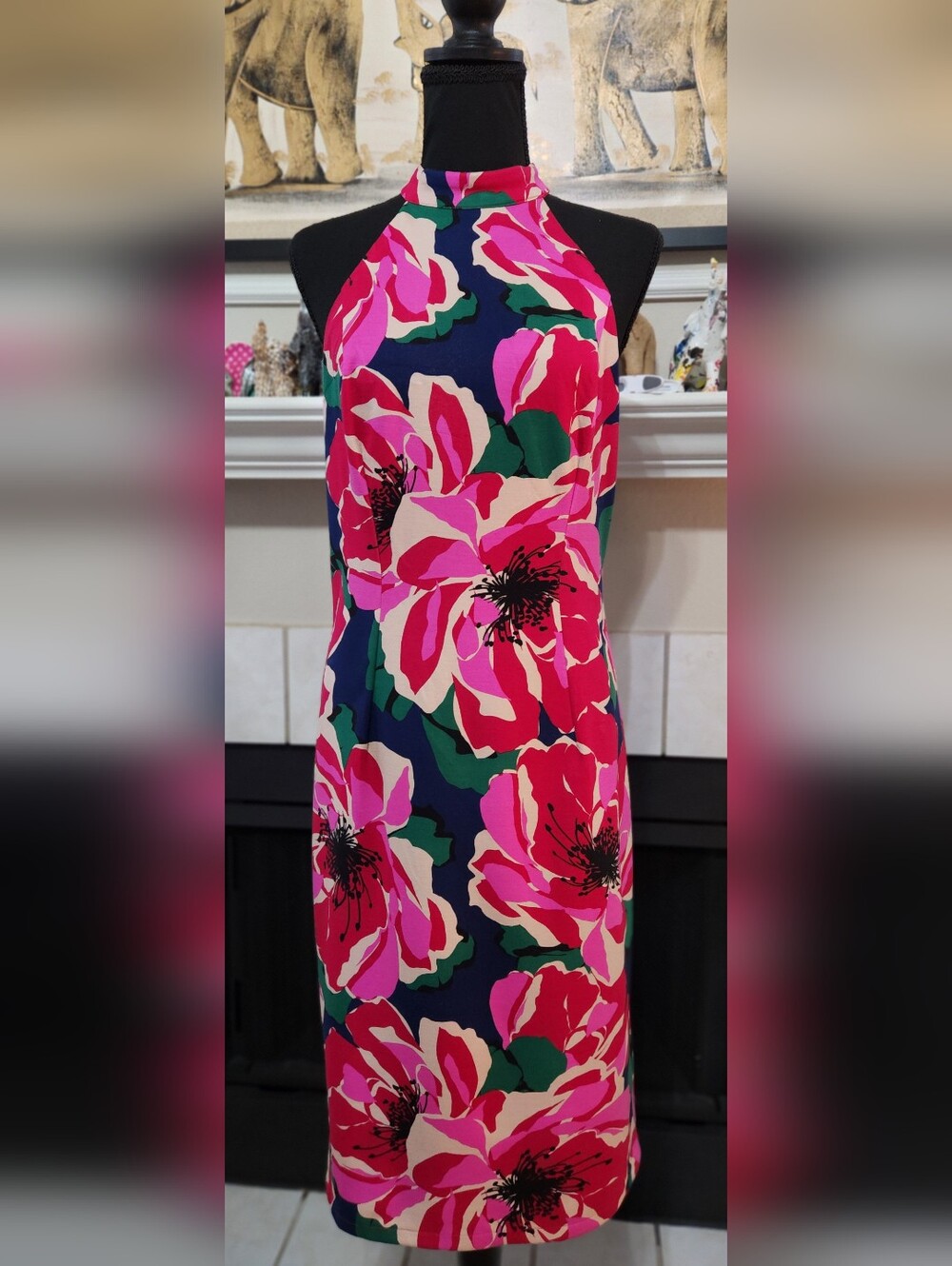 Trina Turk Navy Halter Midi Dress with Bold Pink Floral Print